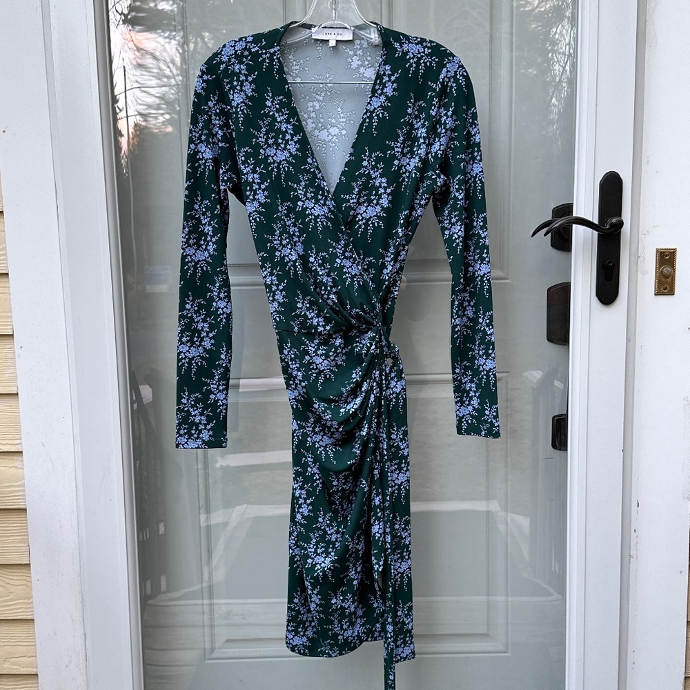 Floral Wrap Dress, green with blue, size S